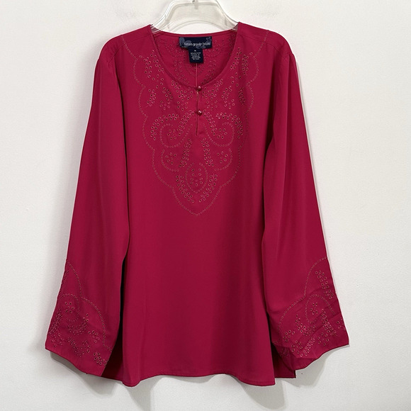 Susan Graver Top XL Berry Pink Eyelet Buttons Long Sleeve Popover Boho NEW - Picture 1 of 8